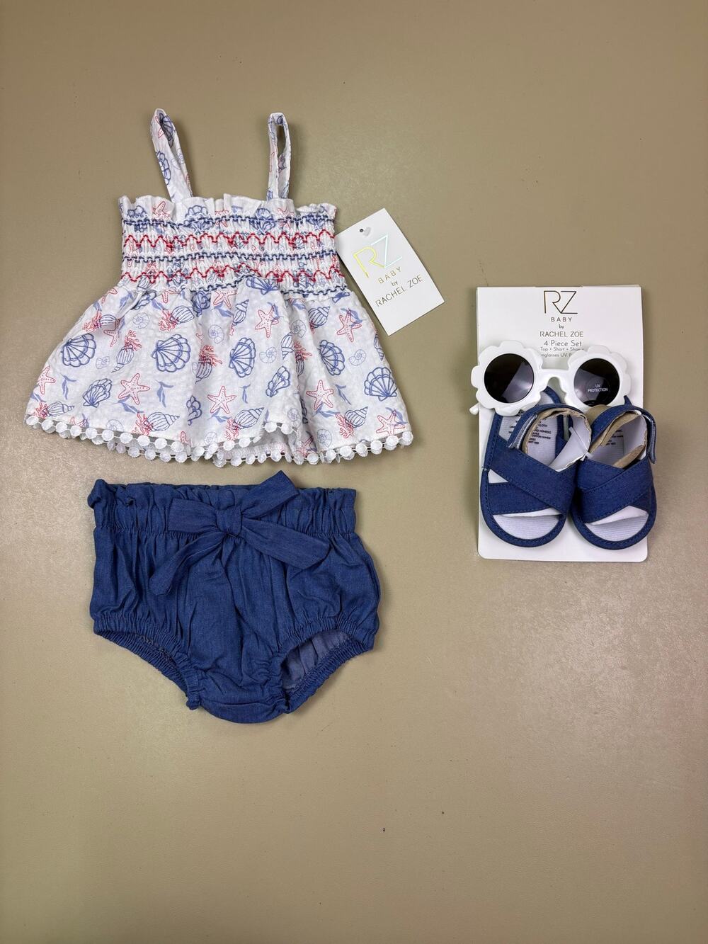 Rachel Zoe Baby Girls 4 Piece Outfit Set 0-3M Nautical Seashell Denim NWT